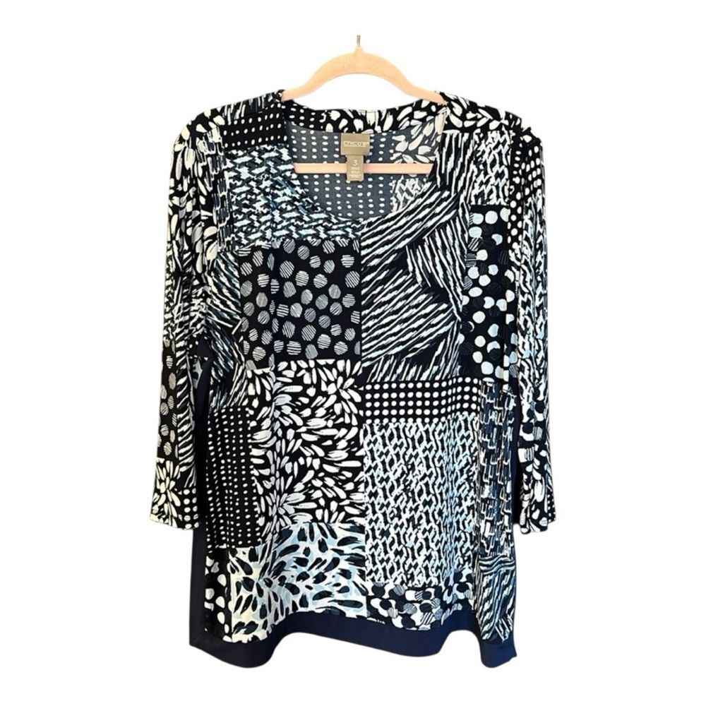 Chico’s Blue White Patchwork Patterned Tunic Blouse Top 3 16 XL